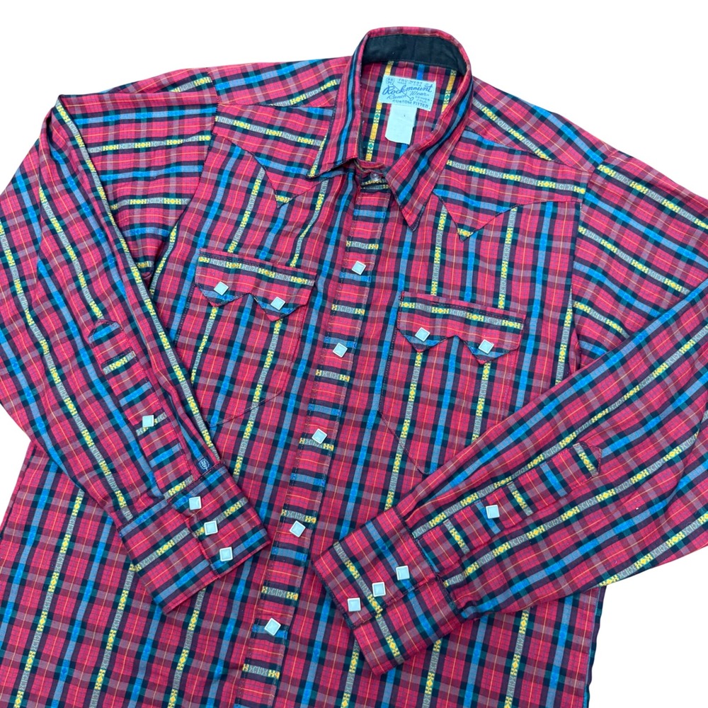 Rockmount Western Shirt Mens L Red Plaid 70s Vintage Sawtooth Diamond Pearl Snap